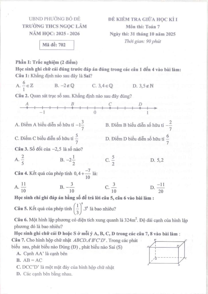 đề giữa kì 1 toán 7 năm 2025 – 2026 trường thcs ngọc lâm – hà nội 2