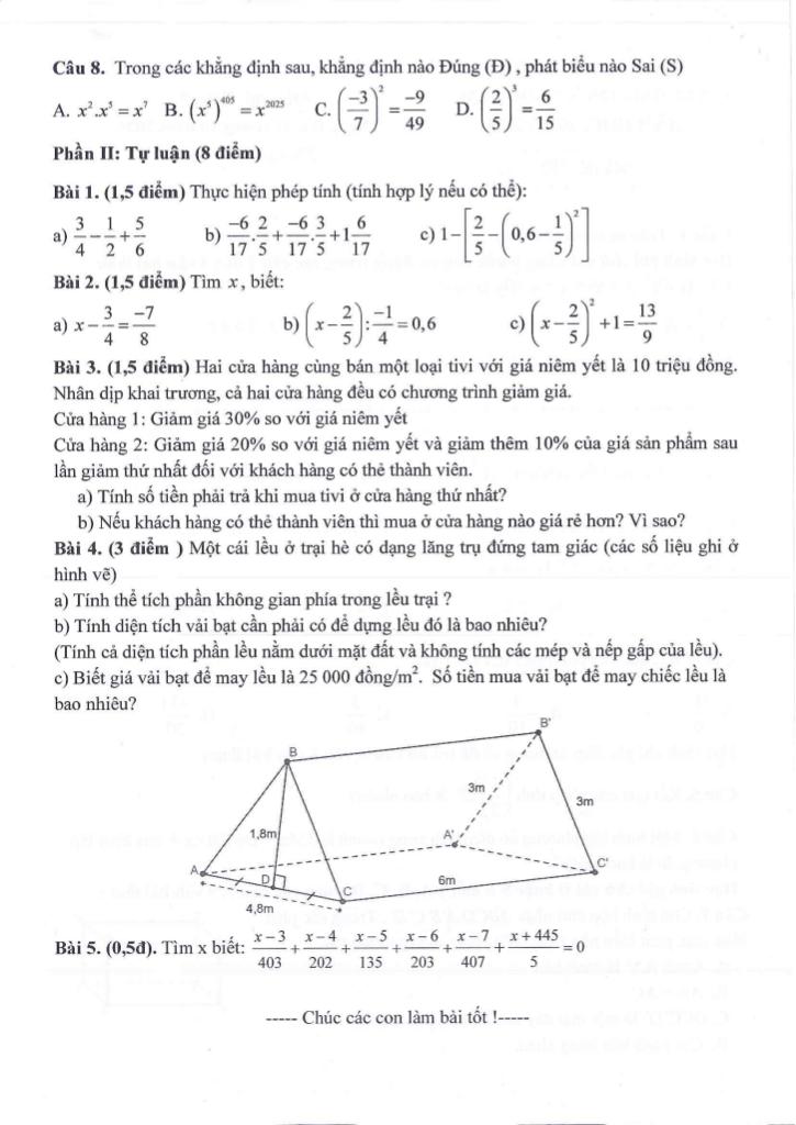 đề giữa kì 1 toán 7 năm 2025 – 2026 trường thcs ngọc lâm – hà nội 3