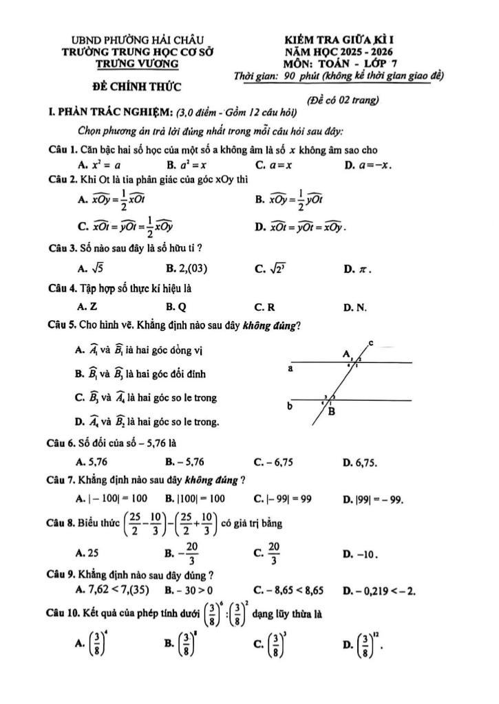 đề giữa kì 1 toán 7 năm 2025 – 2026 trường thcs trưng vương – đà nẵng 0