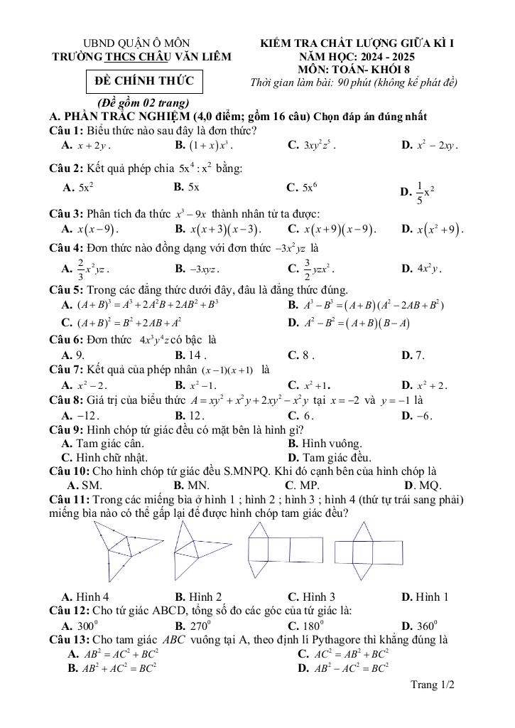 đề giữa kì 1 toán 8 năm 2024 – 2025 trường thcs châu văn liêm – cần thơ 0