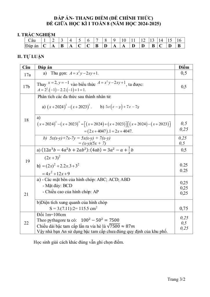 đề giữa kì 1 toán 8 năm 2024 – 2025 trường thcs châu văn liêm – cần thơ 2