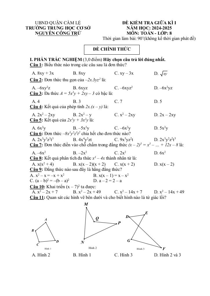 đề giữa kì 1 toán 8 năm 2024 – 2025 trường thcs nguyễn công trứ – đà nẵng 0