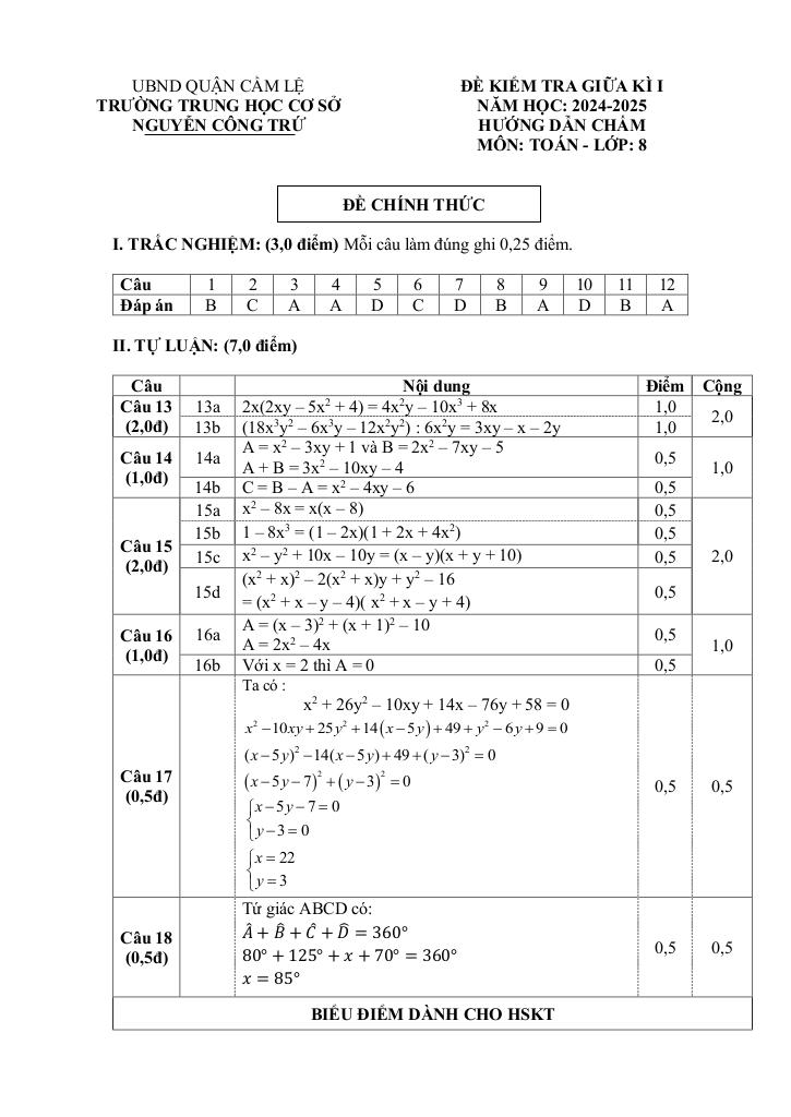 đề giữa kì 1 toán 8 năm 2024 – 2025 trường thcs nguyễn công trứ – đà nẵng 2