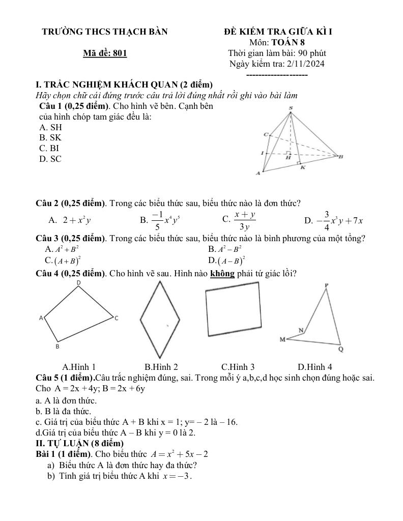 đề giữa kì 1 toán 8 năm 2024 – 2025 trường thcs thạch bàn – hà nội 0