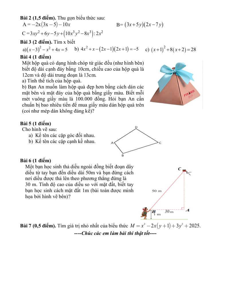 đề giữa kì 1 toán 8 năm 2024 – 2025 trường thcs thạch bàn – hà nội 1