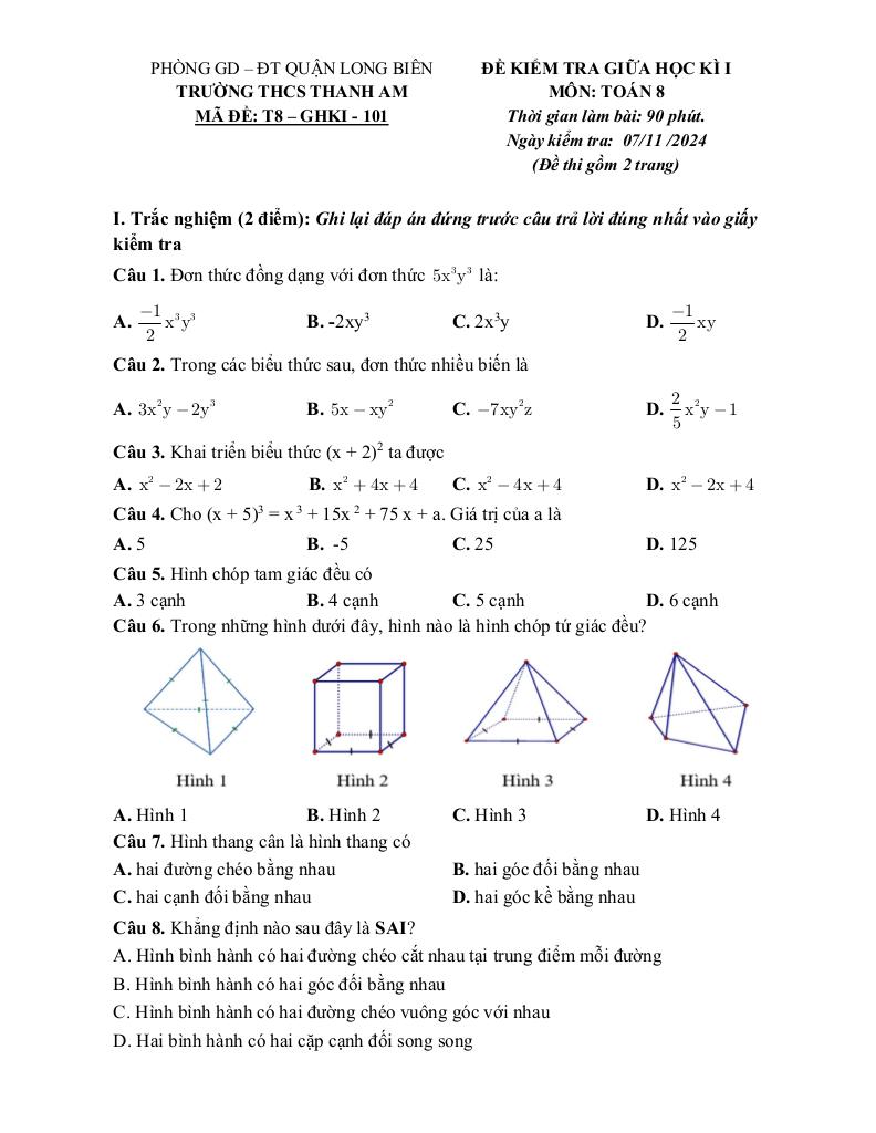 đề giữa kì 1 toán 8 năm 2024 – 2025 trường thcs thanh am – hà nội 0