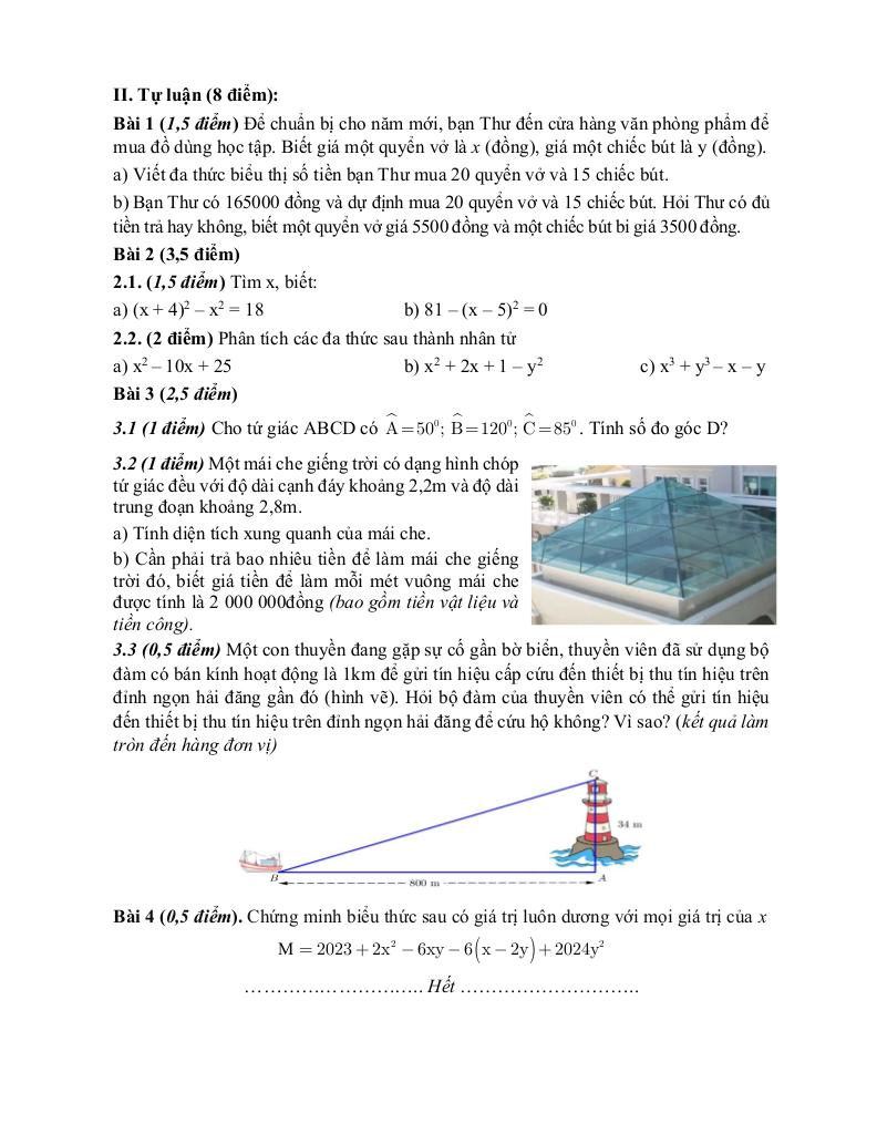 đề giữa kì 1 toán 8 năm 2024 – 2025 trường thcs thanh am – hà nội 1
