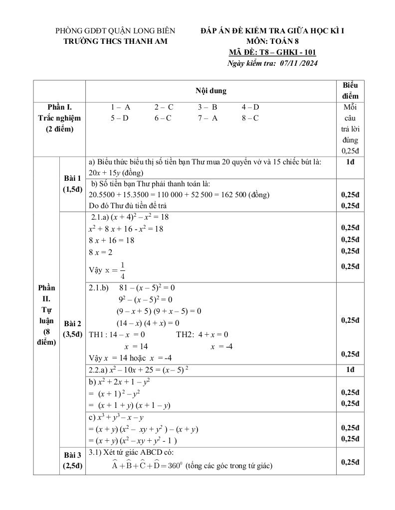 đề giữa kì 1 toán 8 năm 2024 – 2025 trường thcs thanh am – hà nội 2