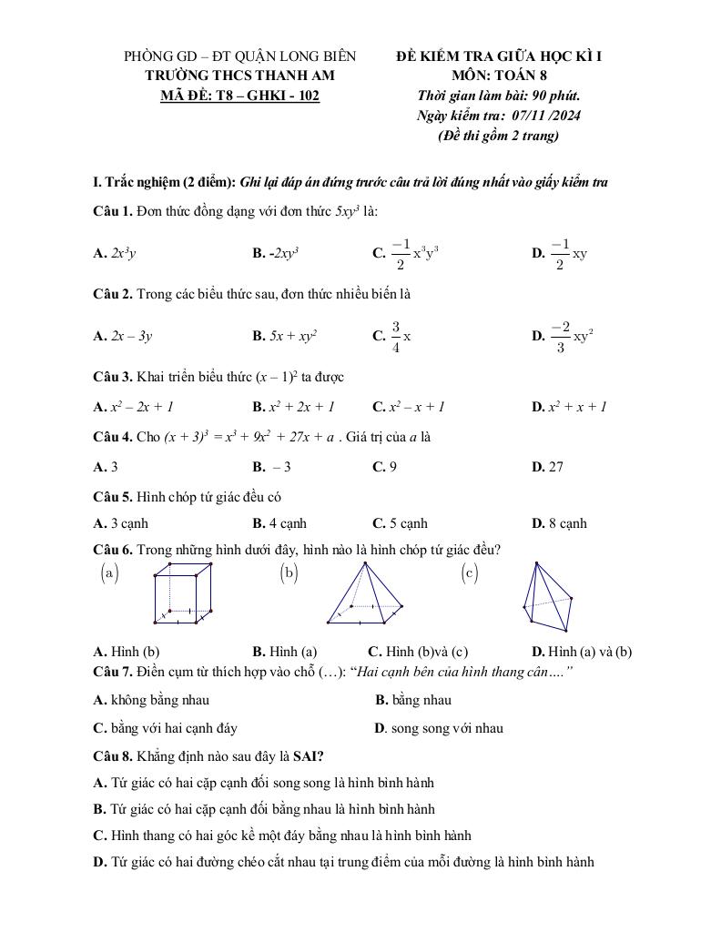 đề giữa kì 1 toán 8 năm 2024 – 2025 trường thcs thanh am – hà nội 4