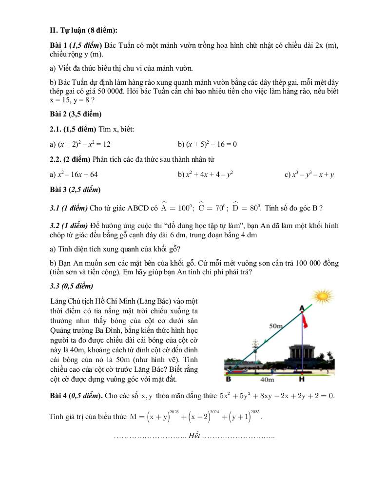 đề giữa kì 1 toán 8 năm 2024 – 2025 trường thcs thanh am – hà nội 5