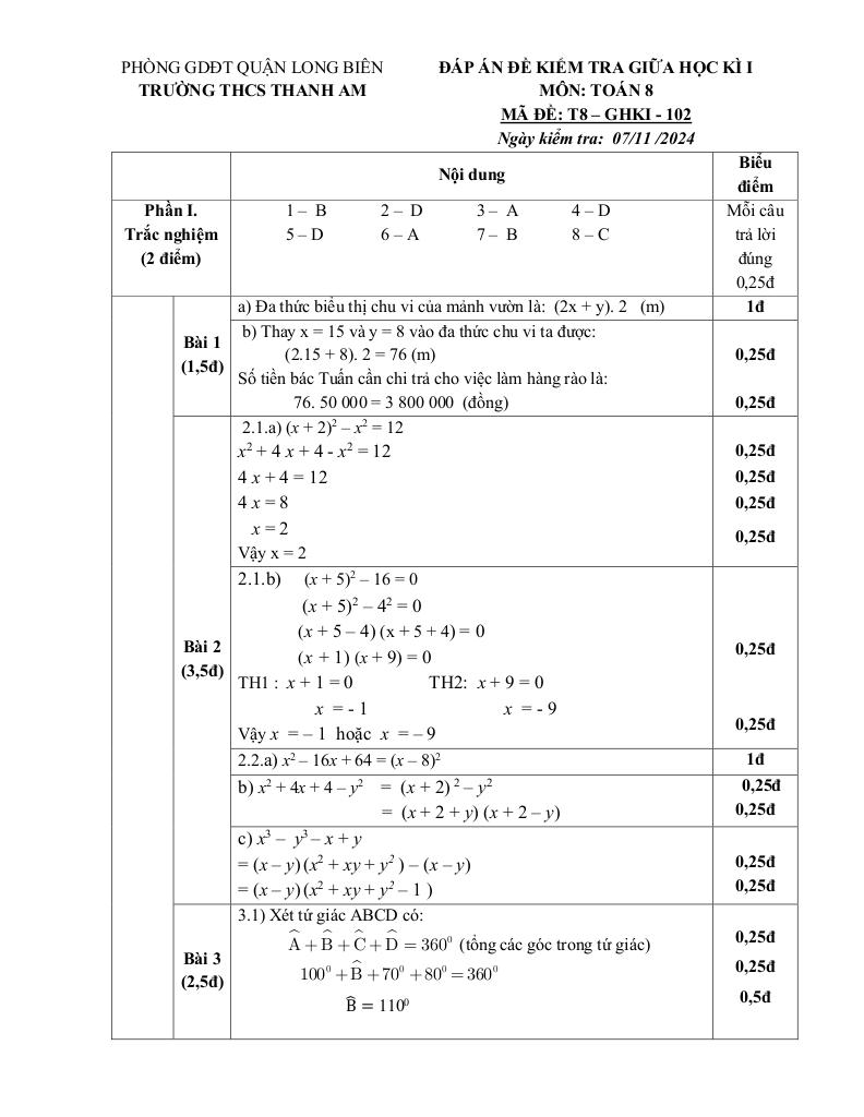 đề giữa kì 1 toán 8 năm 2024 – 2025 trường thcs thanh am – hà nội 6