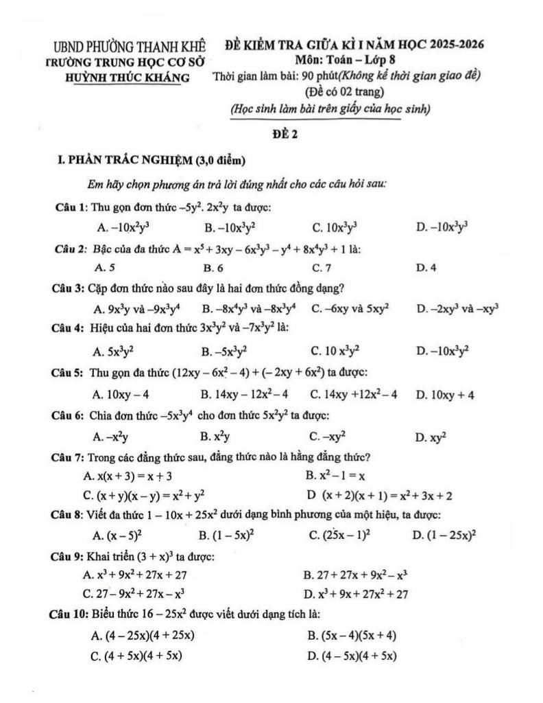 đề giữa kì 1 toán 8 năm 2025 – 2026 trường thcs huỳnh thúc kháng – đà nẵng 0