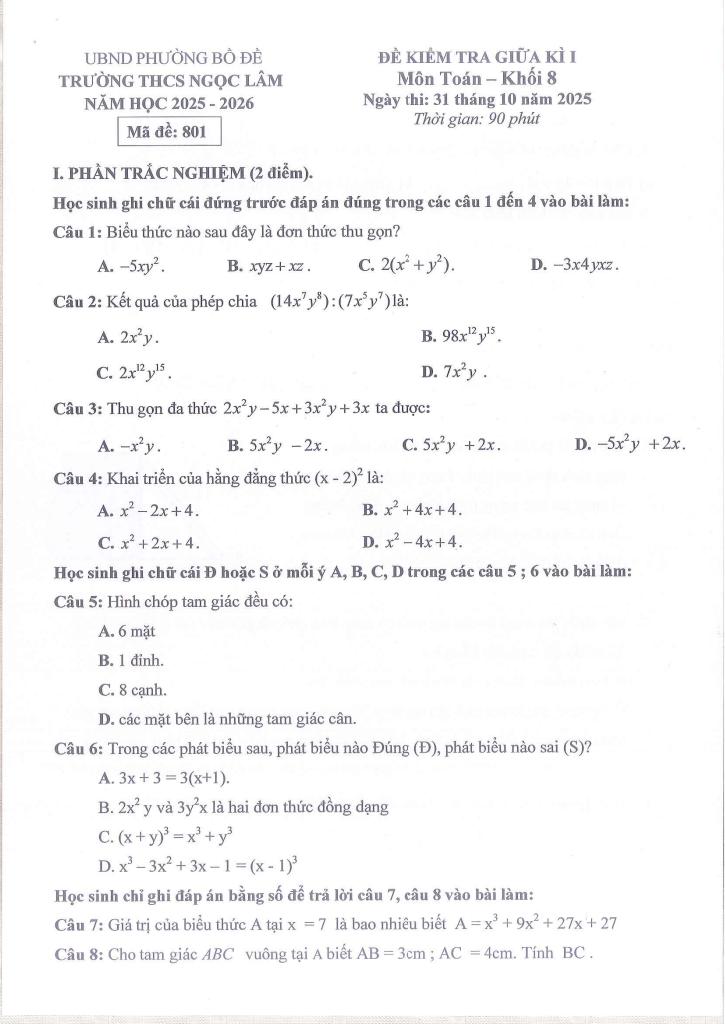 đề giữa kì 1 toán 8 năm 2025 – 2026 trường thcs ngọc lâm – hà nội 0