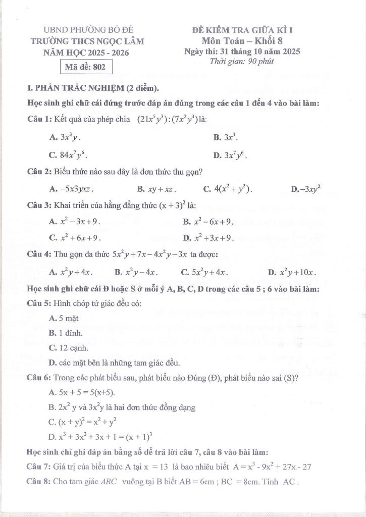 đề giữa kì 1 toán 8 năm 2025 – 2026 trường thcs ngọc lâm – hà nội 2