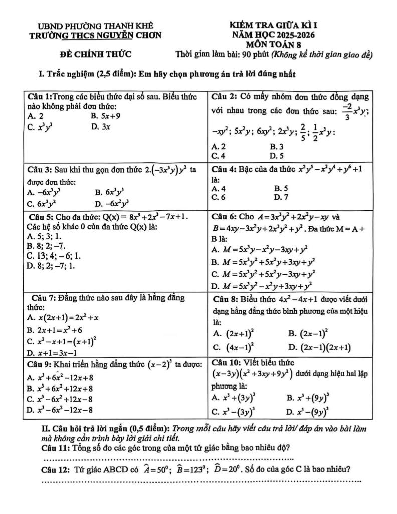 đề giữa kì 1 toán 8 năm 2025 – 2026 trường thcs nguyễn chơn – đà nẵng 0