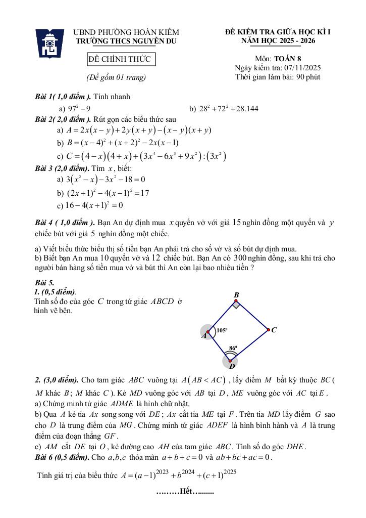 đề giữa kì 1 toán 8 năm 2025 – 2026 trường thcs nguyễn du – hà nội 0