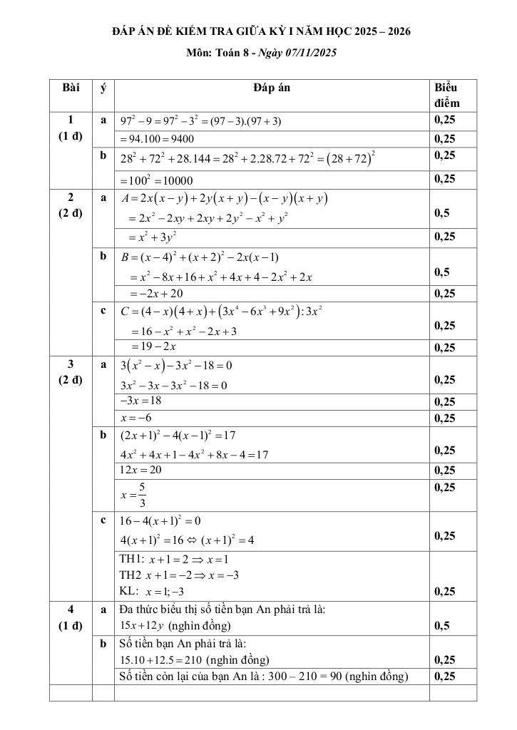 đề giữa kì 1 toán 8 năm 2025 – 2026 trường thcs nguyễn du – hà nội 1