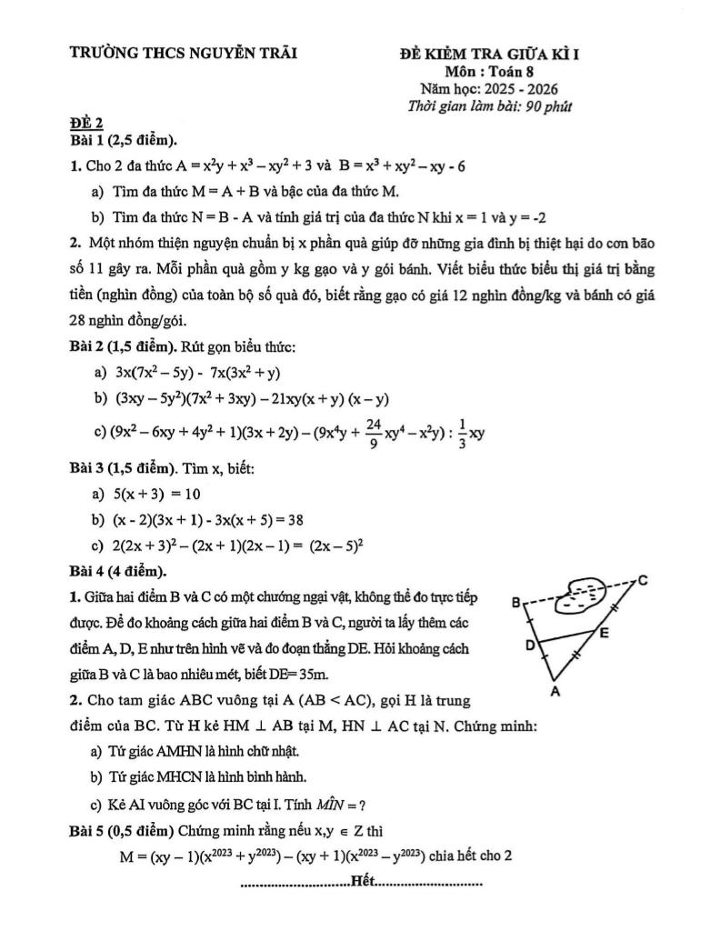 đề giữa kì 1 toán 8 năm 2025 – 2026 trường thcs nguyễn trãi – hà nội