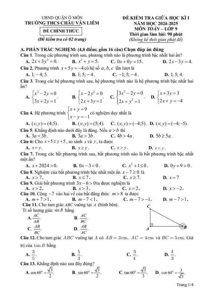 đề giữa kì 1 toán 9 năm 2024 – 2025 trường thcs châu văn liêm – cần thơ 0