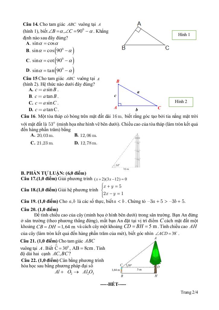 đề giữa kì 1 toán 9 năm 2024 – 2025 trường thcs châu văn liêm – cần thơ 1