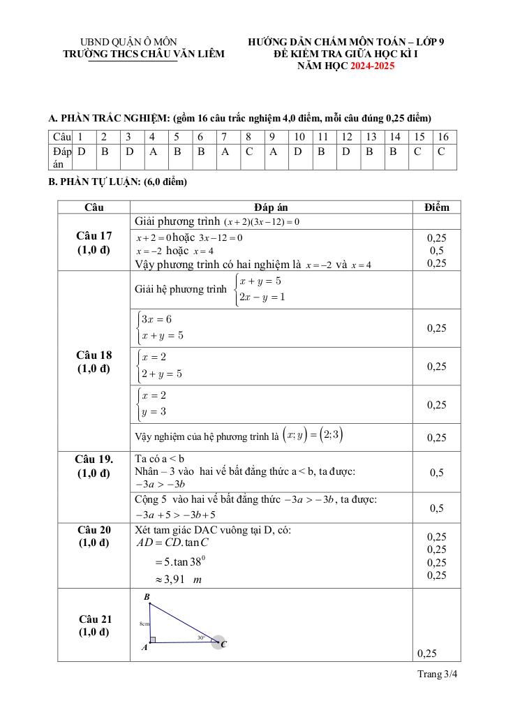 đề giữa kì 1 toán 9 năm 2024 – 2025 trường thcs châu văn liêm – cần thơ 2