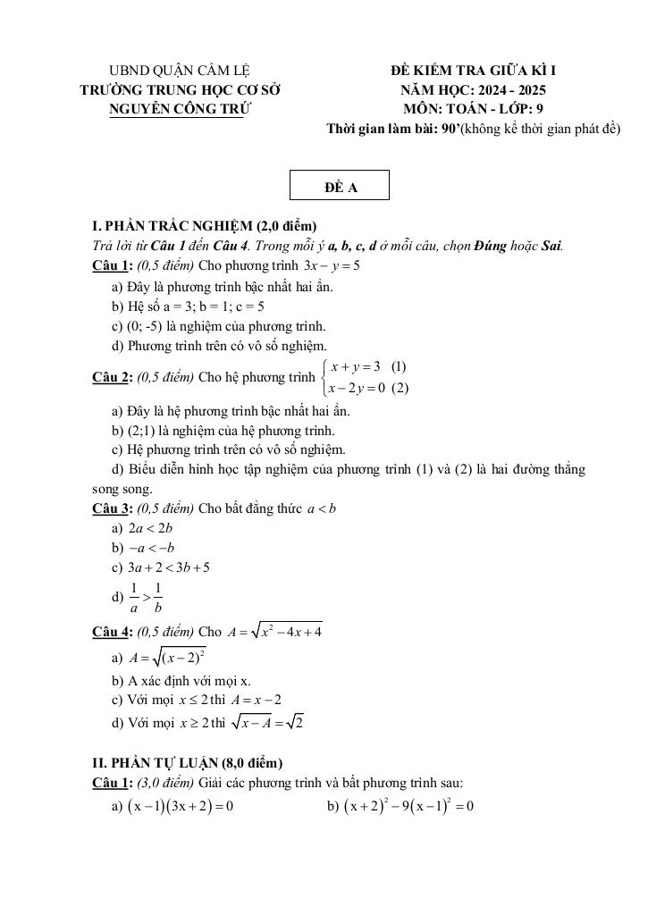 đề giữa kì 1 toán 9 năm 2024 – 2025 trường thcs nguyễn công trứ – đà nẵng 4