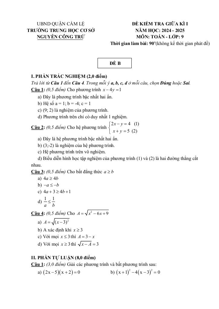 đề giữa kì 1 toán 9 năm 2024 – 2025 trường thcs nguyễn công trứ – đà nẵng 6