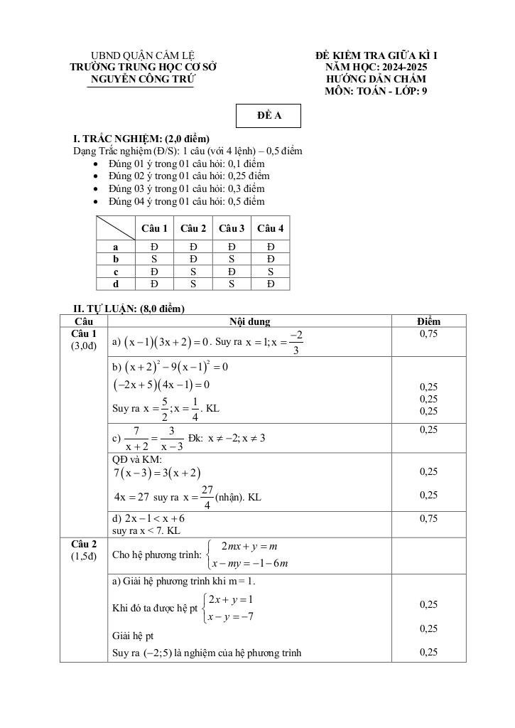 đề giữa kì 1 toán 9 năm 2024 – 2025 trường thcs nguyễn công trứ – đà nẵng 8