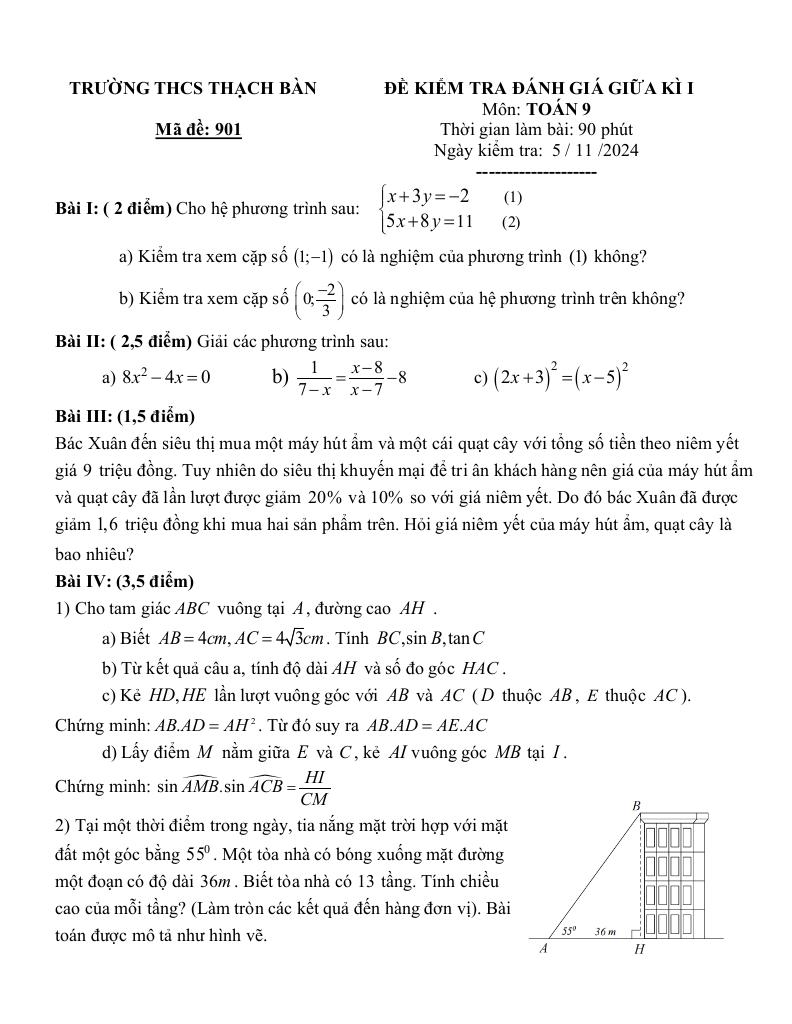 đề giữa kì 1 toán 9 năm 2024 – 2025 trường thcs thạch bàn – hà nội 0