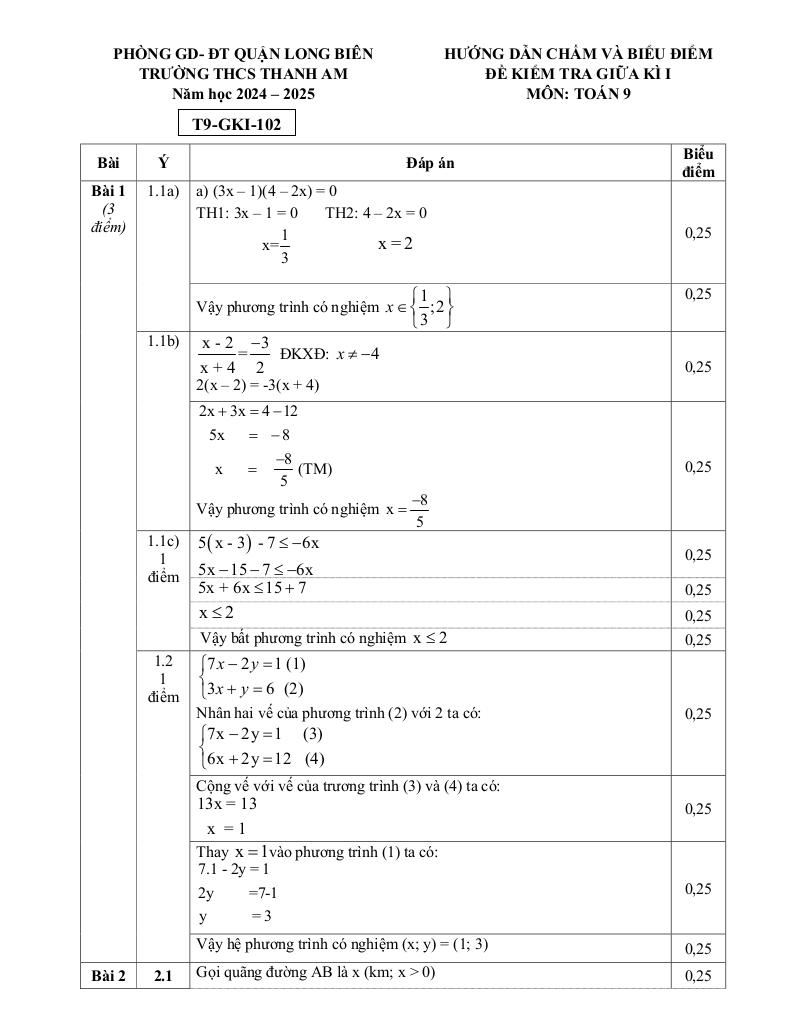đề giữa kì 1 toán 9 năm 2024 – 2025 trường thcs thanh am – hà nội 1