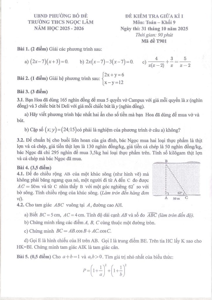 đề giữa kì 1 toán 9 năm 2025 – 2026 trường thcs ngọc lâm – hà nội 0