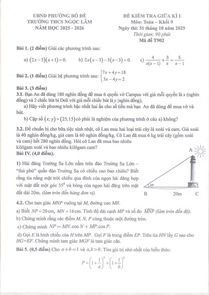 đề giữa kì 1 toán 9 năm 2025 – 2026 trường thcs ngọc lâm – hà nội 1