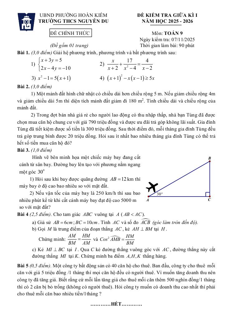 đề giữa kì 1 toán 9 năm 2025 – 2026 trường thcs nguyễn du – hà nội 0