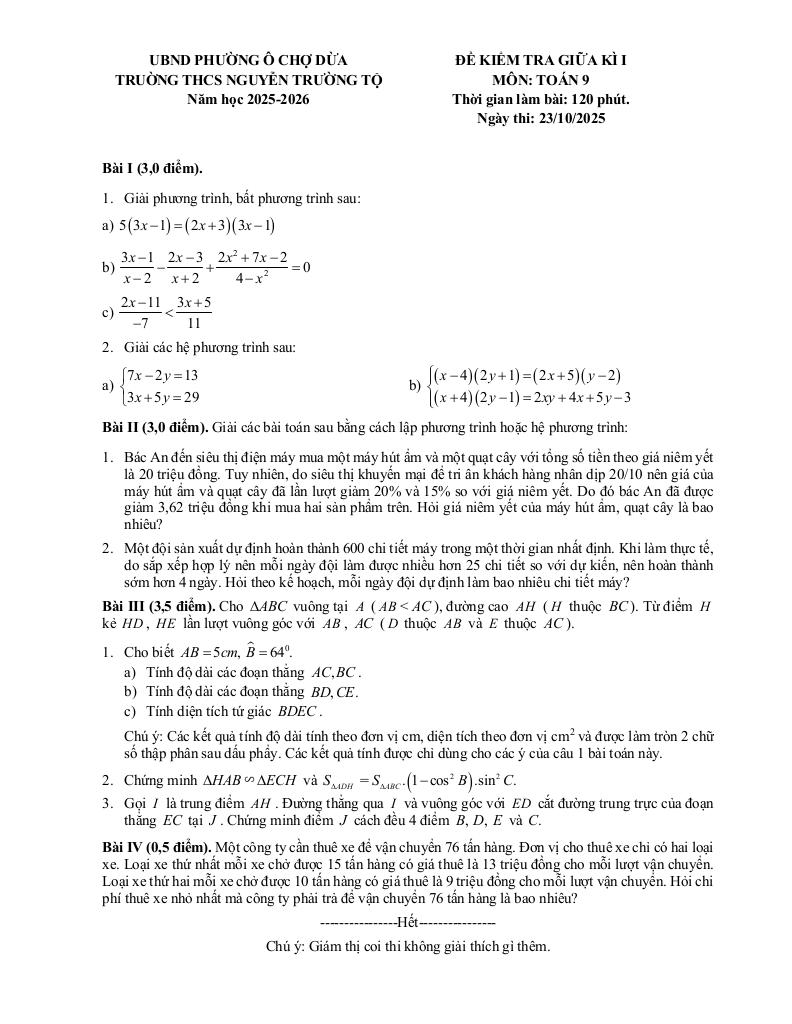đề giữa kì 1 toán 9 năm 2025 – 2026 trường thcs nguyễn trường tộ – hà nội 0