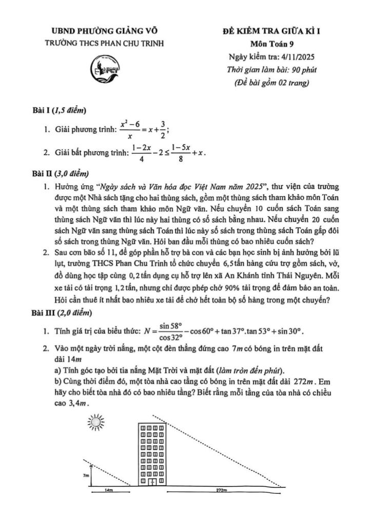 đề giữa kì 1 toán 9 năm 2025 – 2026 trường thcs phan chu trinh – hà nội 0