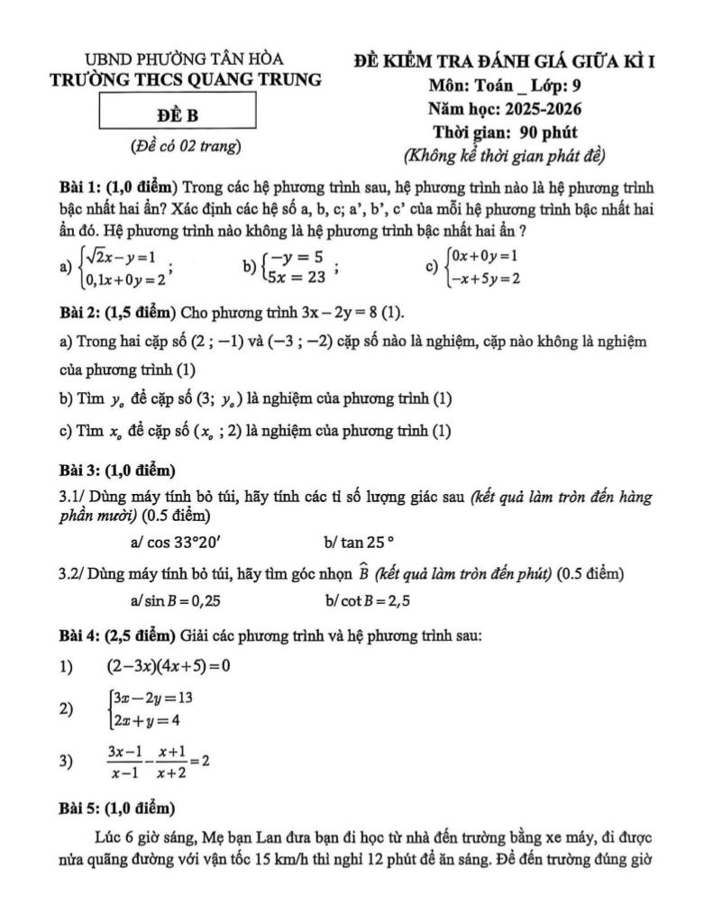đề giữa kì 1 toán 9 năm 2025 – 2026 trường thcs quang trung – tp hcm 0