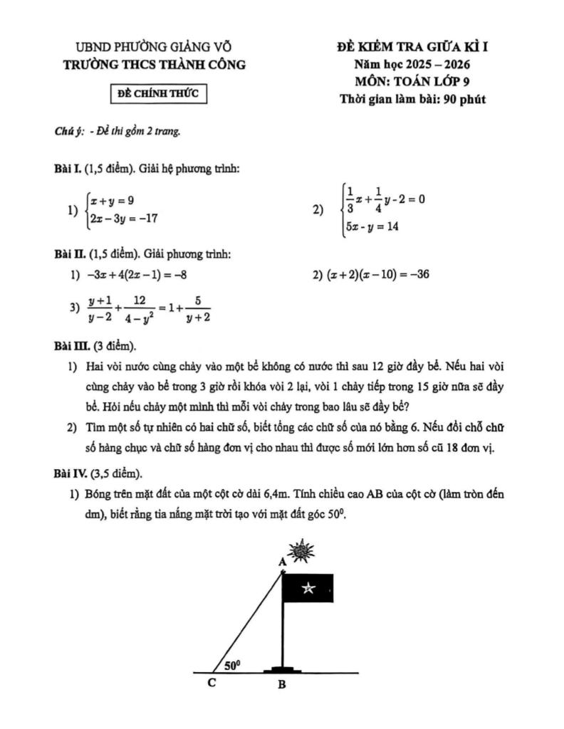đề giữa kì 1 toán 9 năm 2025 – 2026 trường thcs thành công – hà nội 0