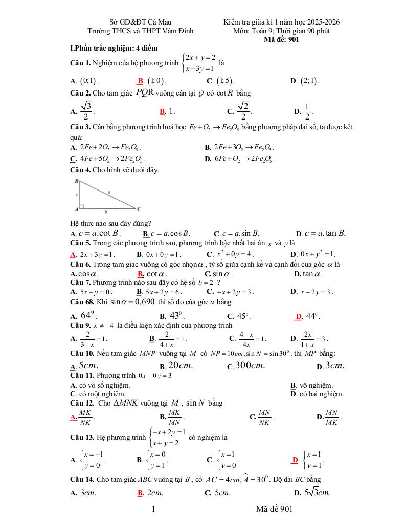 đề giữa kì 1 toán 9 năm 2025 – 2026 trường thcs&thpt vàm đình – cà mau 0