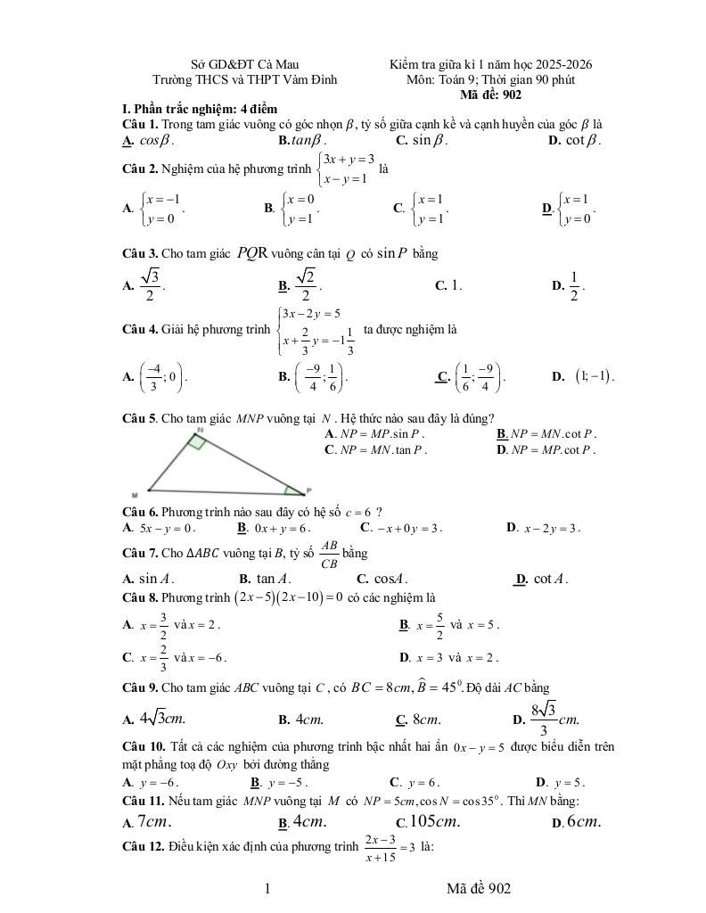 đề giữa kì 1 toán 9 năm 2025 – 2026 trường thcs&thpt vàm đình – cà mau 3