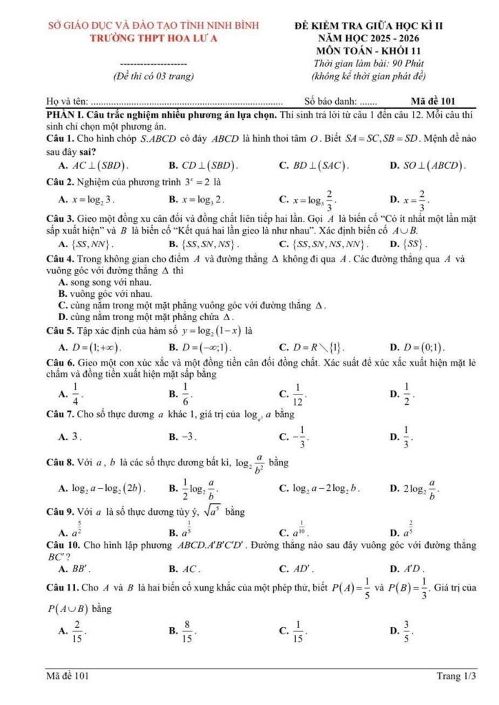 đề giữa kì 2 toán 11 năm 2025 – 2026 trường thpt hoa lư a – ninh bình - hình 1