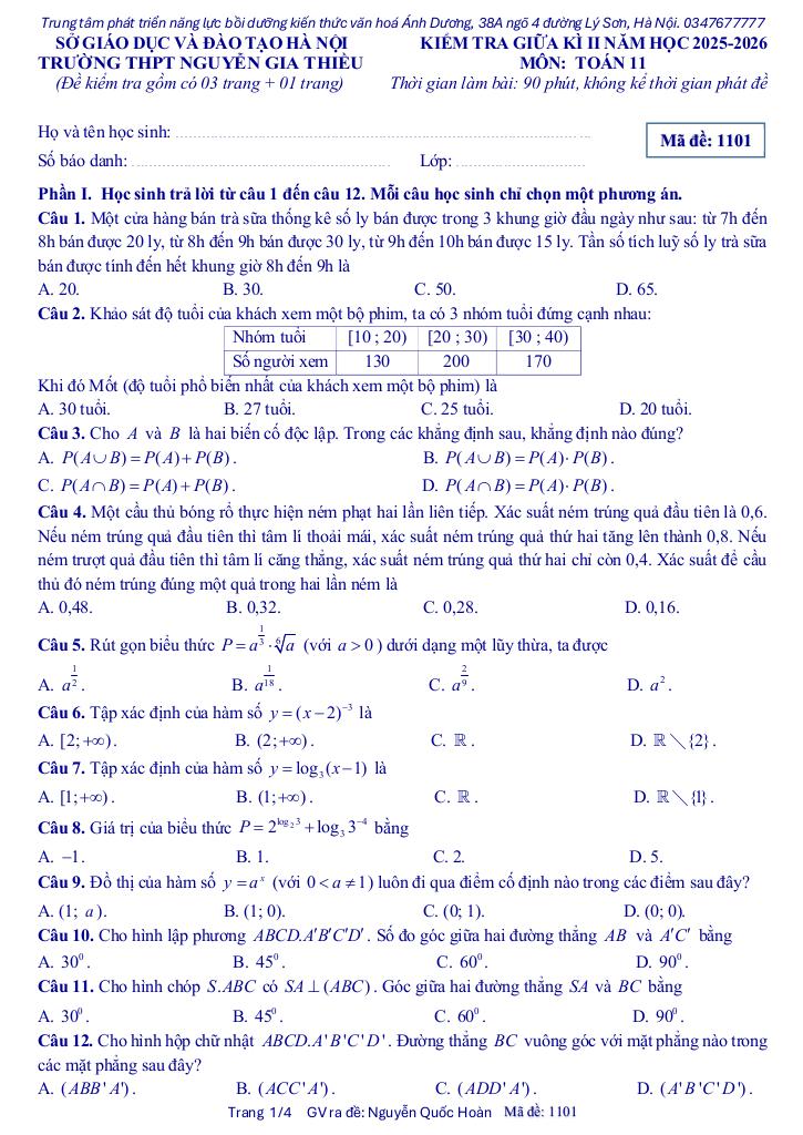 đề giữa kì 2 toán 11 năm 2025 – 2026 trường thpt nguyễn gia thiều – hà nội - hình 1