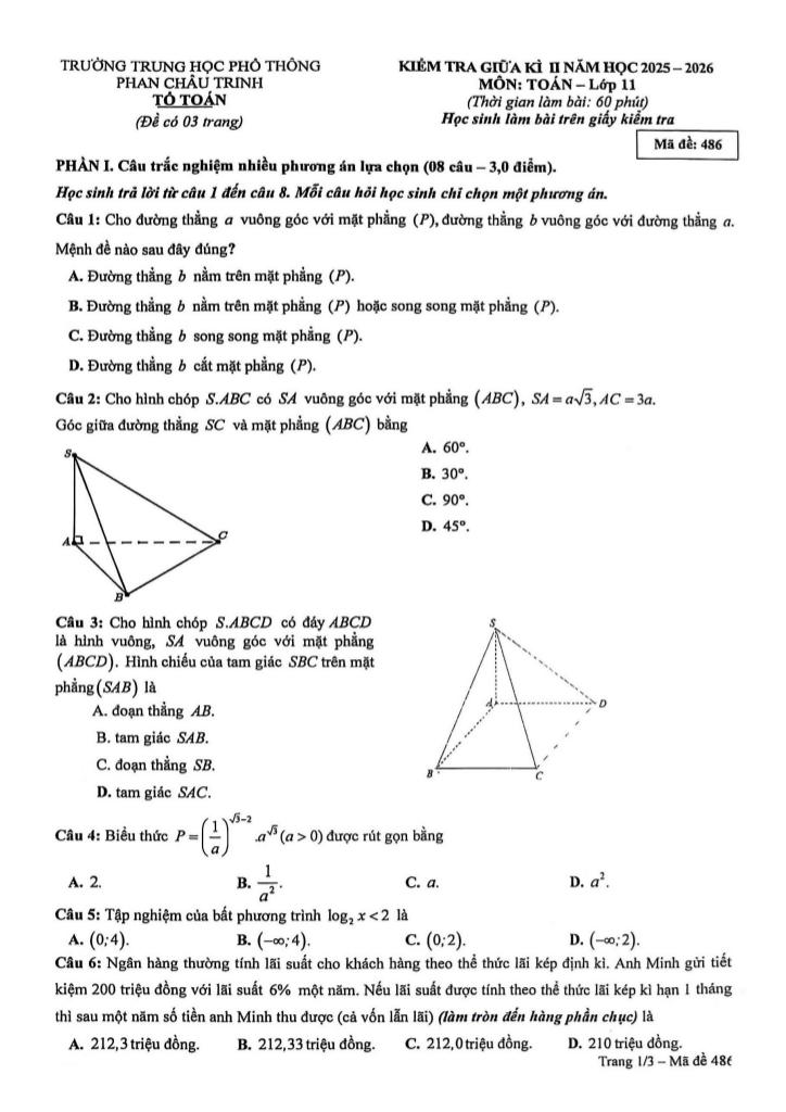 đề giữa kì 2 toán 11 năm 2025 – 2026 trường thpt phan châu trinh – đà nẵng - hình 1