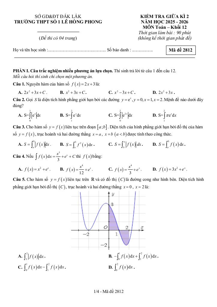 đề giữa kì 2 toán 12 năm 2025 – 2026 trường thpt lê hồng phong 1 – đắk lắk - hình 1