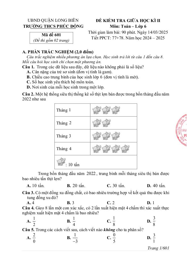 đề giữa kì 2 toán 6 năm 2024 – 2025 trường thcs phúc đồng – hà nội 0
