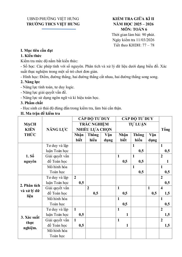 đề giữa kì 2 toán 6 năm 2025 – 2026 trường thcs việt hưng – hà nội - hình 1