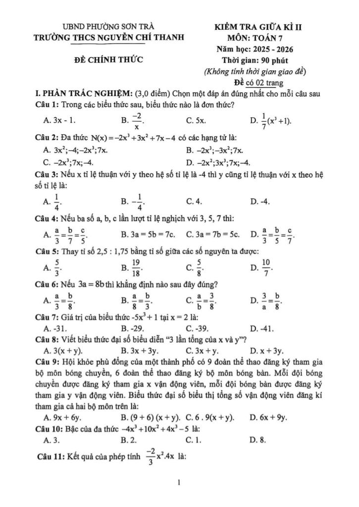 đề giữa kì 2 toán 7 năm 2025 – 2026 trường thcs nguyễn chí thanh – đà nẵng - hình 1