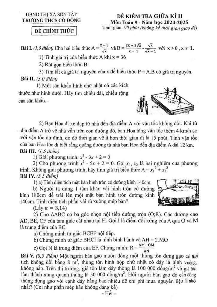 đề giữa kì 2 toán 9 năm 2024 – 2025 trường thcs cổ đông – hà nội