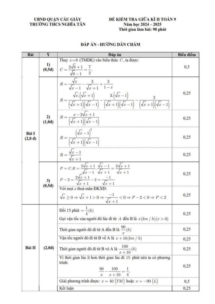đề giữa kì 2 toán 9 năm 2024 – 2025 trường thcs nghĩa tân – hà nội 1