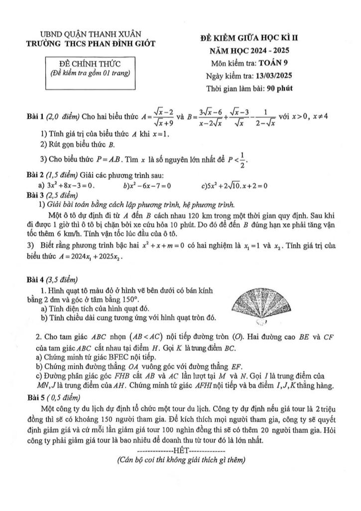 đề giữa kì 2 toán 9 năm 2024 – 2025 trường thcs phan đình giót – hà nội