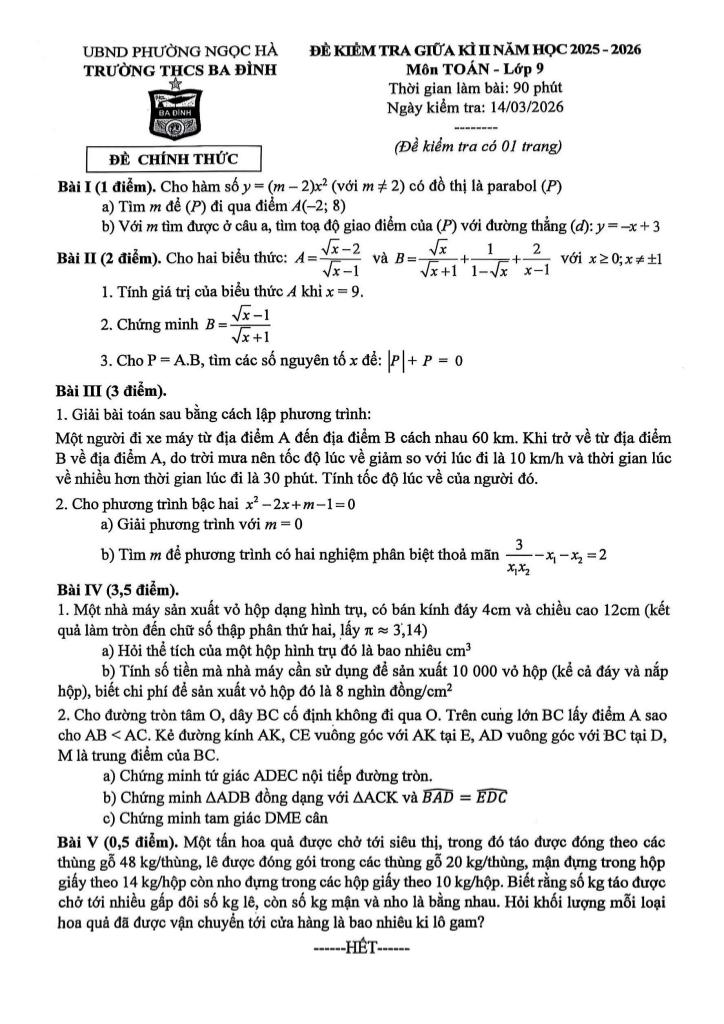 đề giữa kì 2 toán 9 năm 2025 – 2026 trường thcs ba đình – hà nội